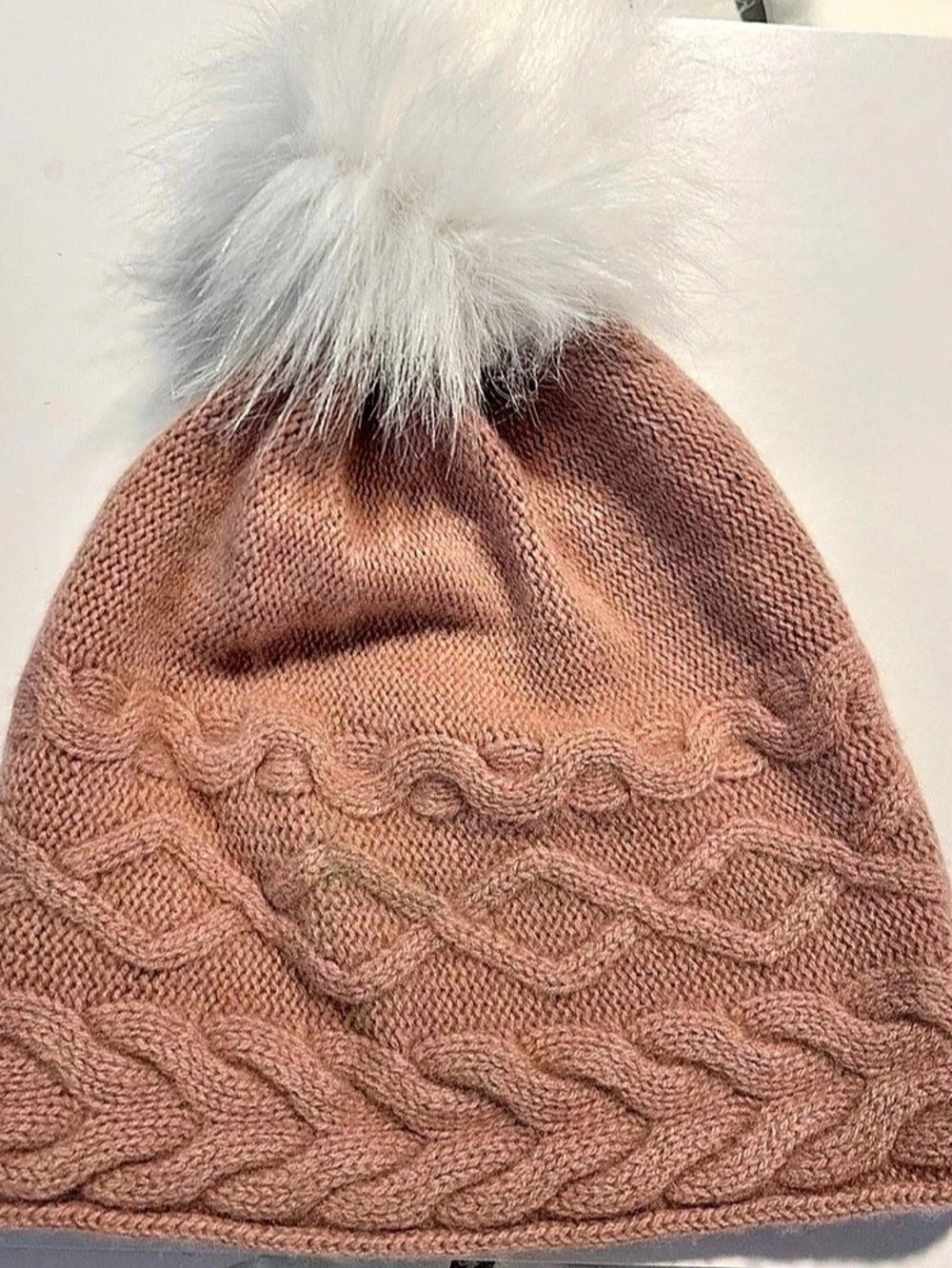 White Pine women’s dusty rose, 100% cashmere Cable Knit Pom Hat